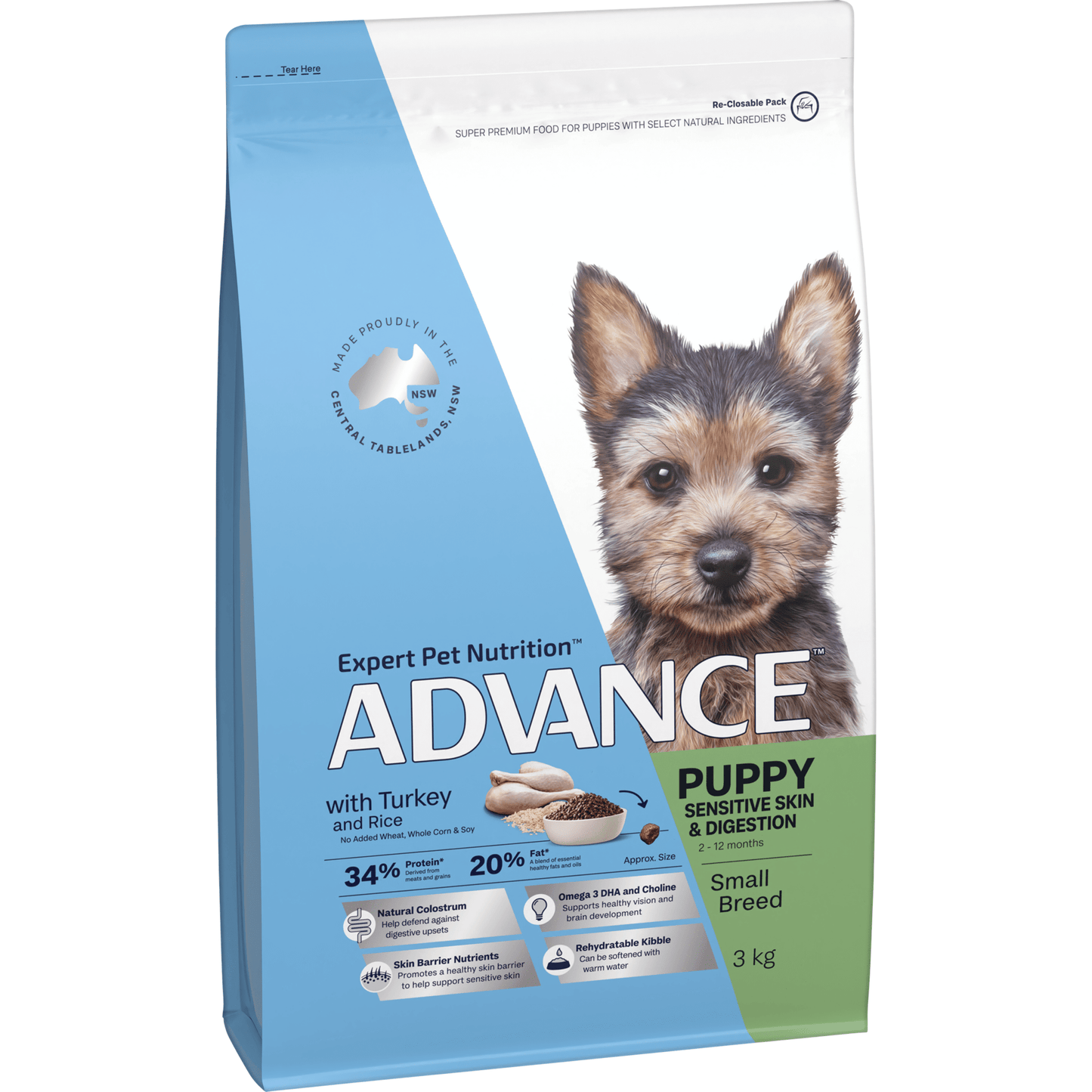 Advance Dry Dog Food Puppy Small Breed Sensitive Skin and Digestiive with Turkey and Rice 3kg - Woonona Petfoods