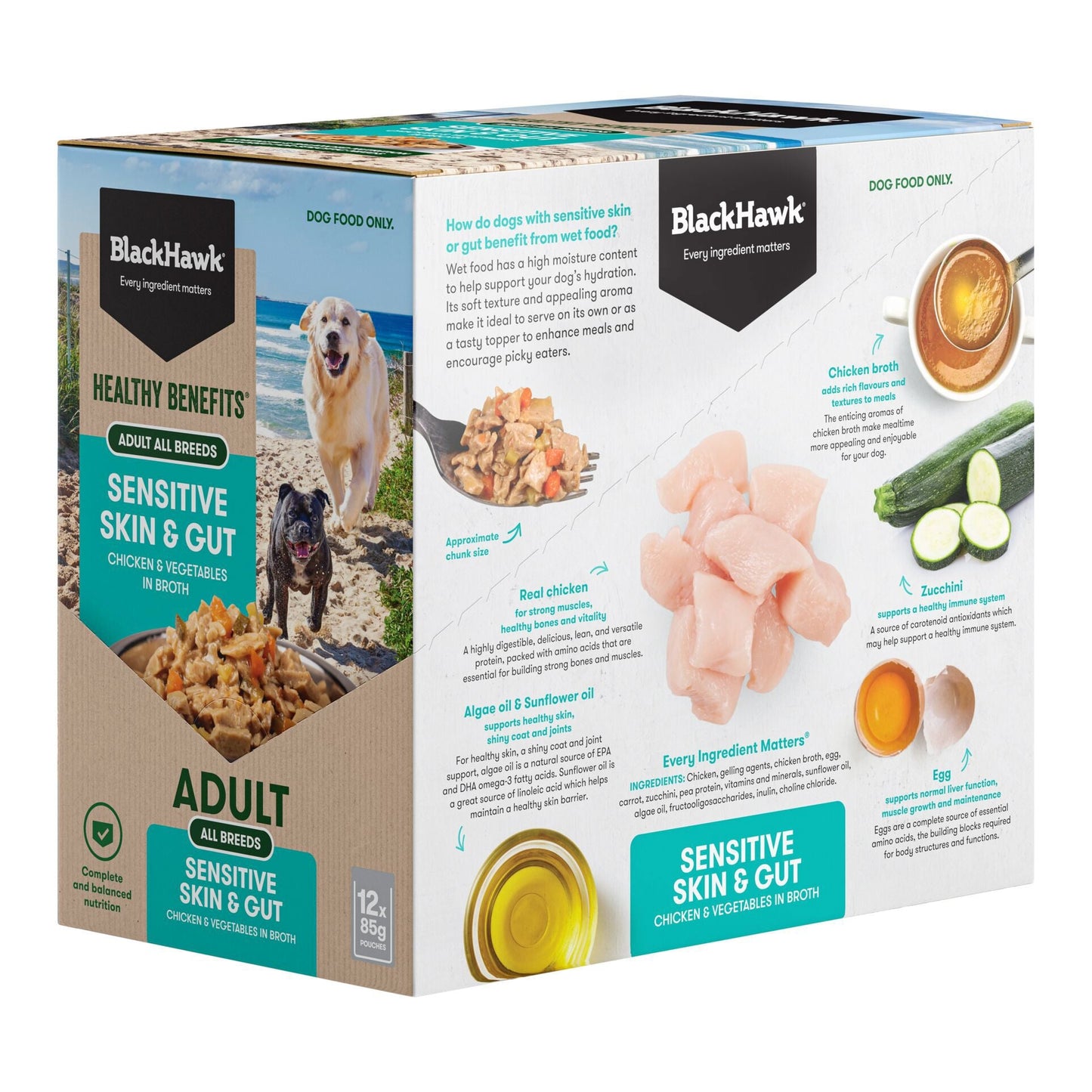 Black Hawk Wet Dog Food Adult Sensitive Skin and Gut Chicken and Vegetables 85g - Woonona Petfoods