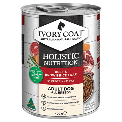 Ivory Coat Holistic Nutrition Wet Dog Food Adult Beef & Brown Rice Loaf 12x400g - Woonona Petfood & Produce