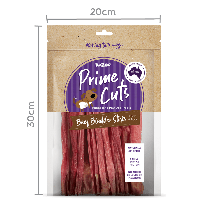 Kazoo Prime Cuts Beef Bladder Sticks 20cm 8 Pack - Woonona Petfoods