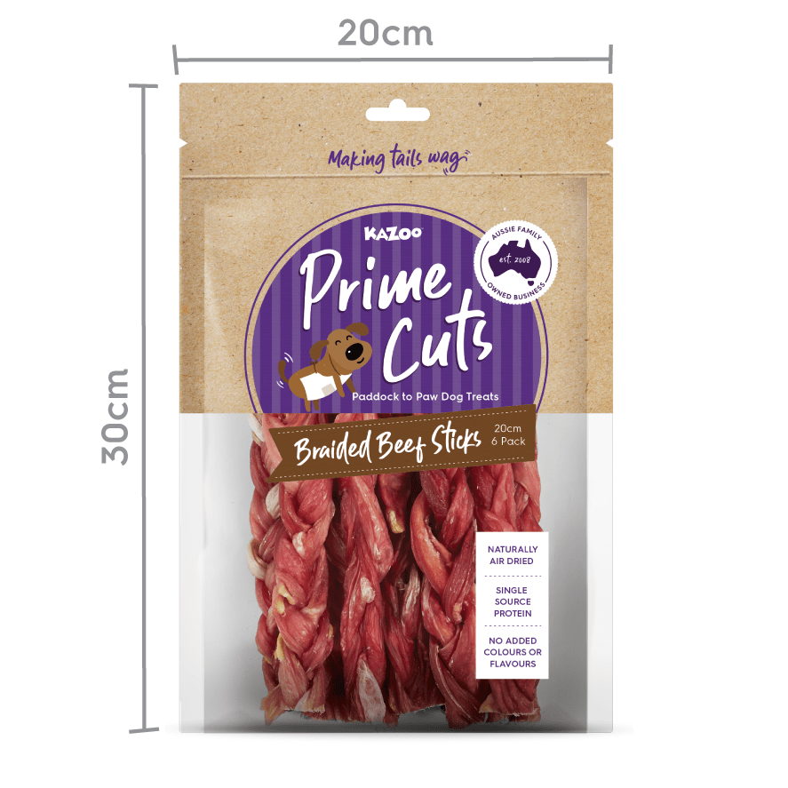 Kazoo Prime Cuts Braided Beef Sticks 20cm 6 Pack - Woonona Petfoods