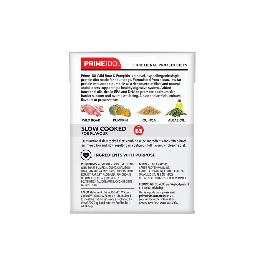 Prime 100 SPD Slow Cooked Wild Boar and Pumpkin 354g - Woonona Petfood & Produce