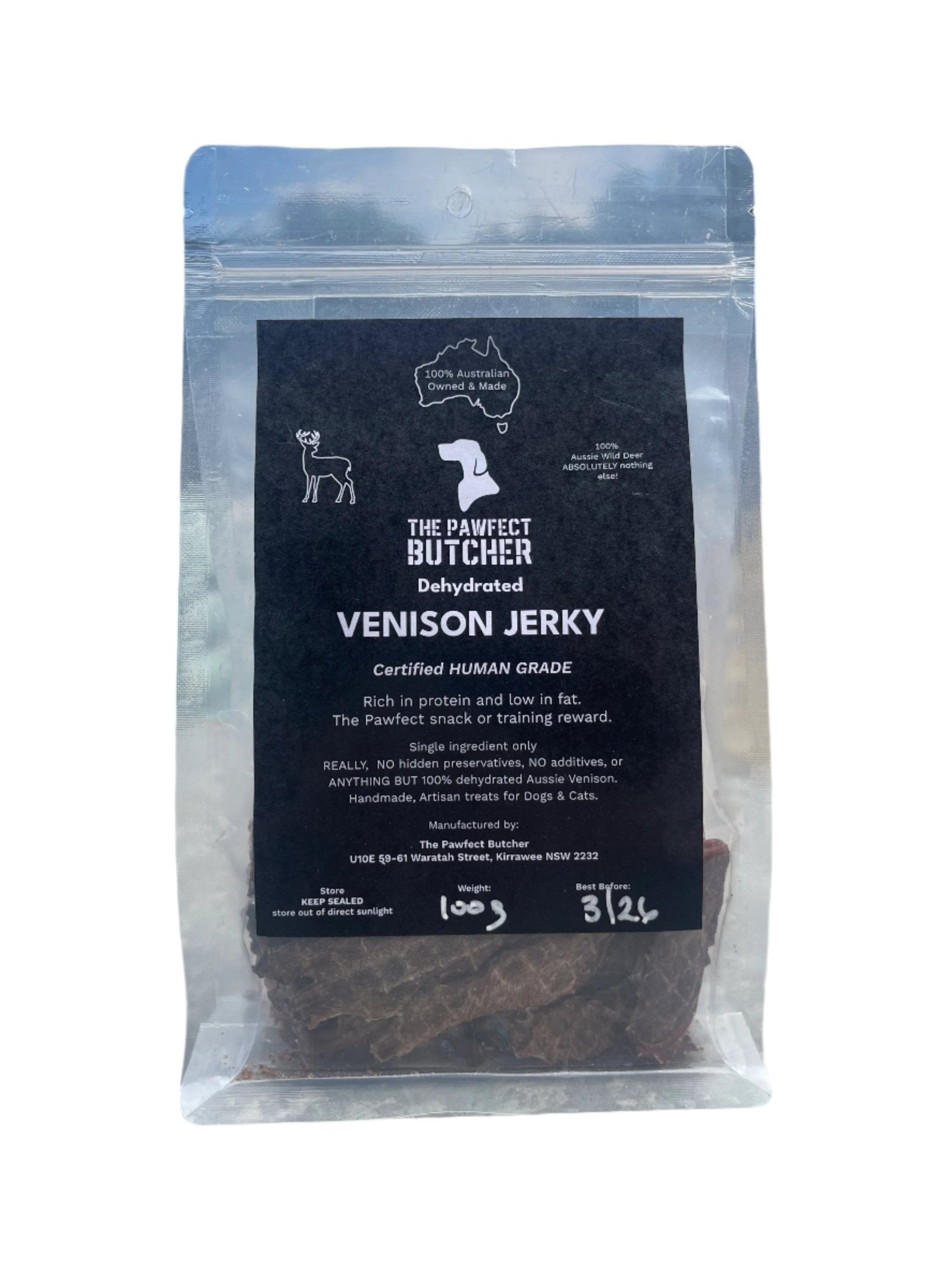 The Pawfect Butcher Venison Jerky 100g - Woonona Petfoods