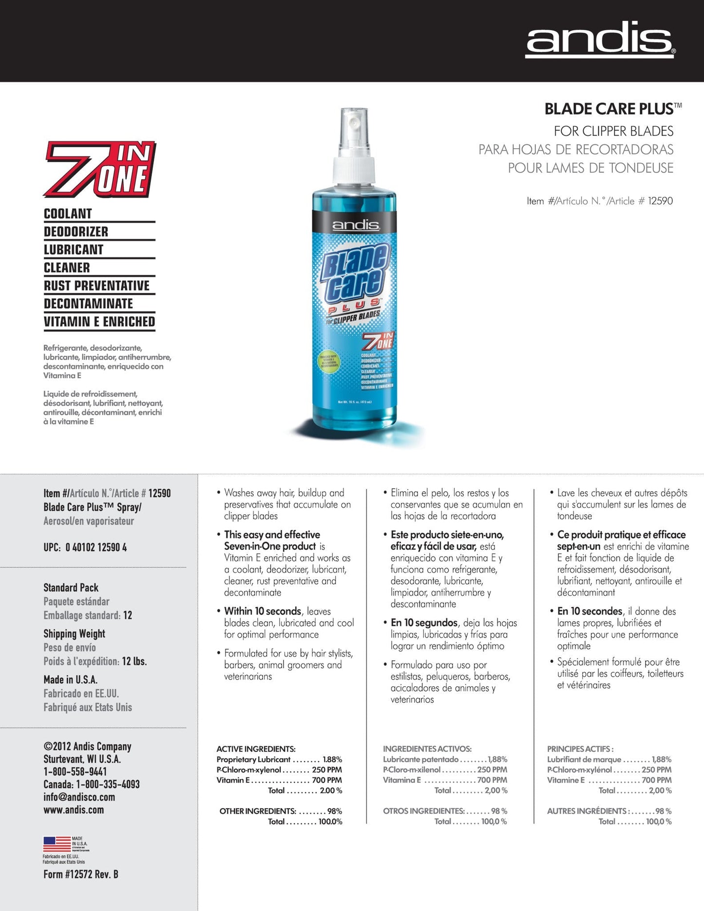 Andis Blade Wash Care Plus Spray Bottle 473ml - Woonona Petfood & Produce