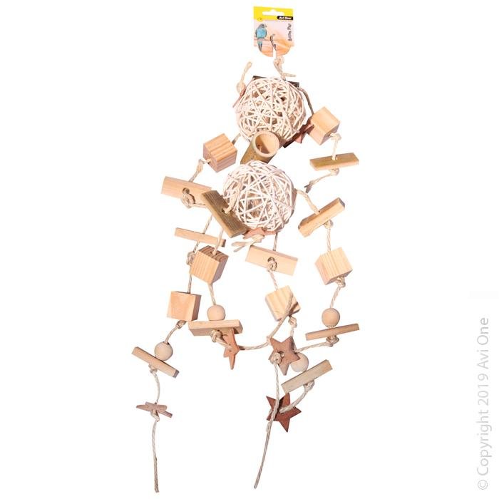 Avi One Bird Toy Bamboo & Wooden Blocks With Ratan Balls & Leather Star 58cm - Woonona Petfood & Produce