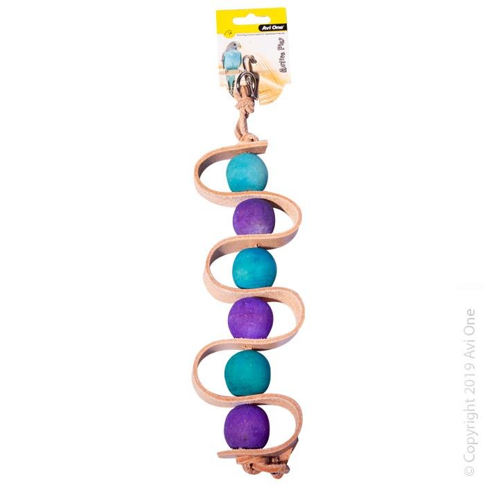 Avi One Bird Toy Wooden Beads With Leather Strip & Rope 32cm - Woonona Petfood & Produce