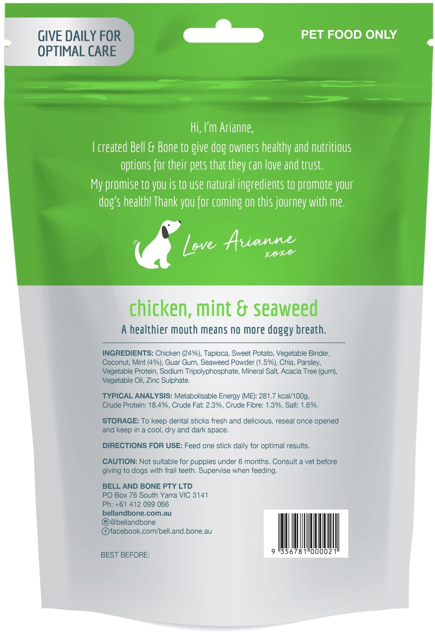 Bell and Bone Dental Sticks - Chicken, Mint and Seaweed 7 Sticks - Woonona Petfood & Produce