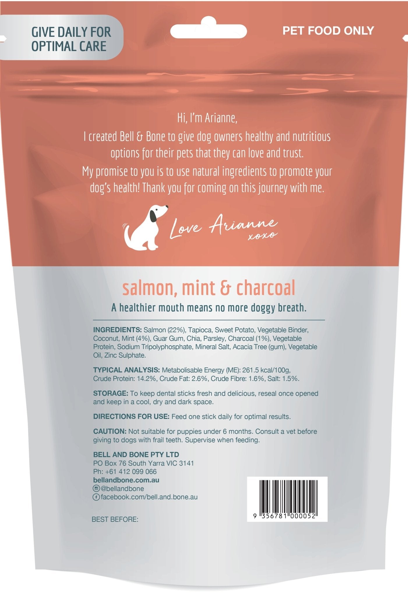 Bell and Bone Dental Sticks - Salmon, Mint and Charcoal 7 Sticks - Woonona Petfood & Produce