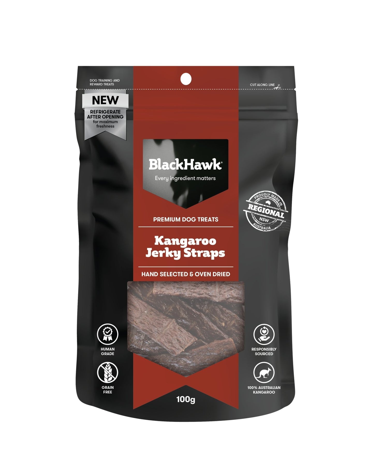 Black Hawk Dog Treats Kangaroo Straps 100g - Woonona Petfood & Produce