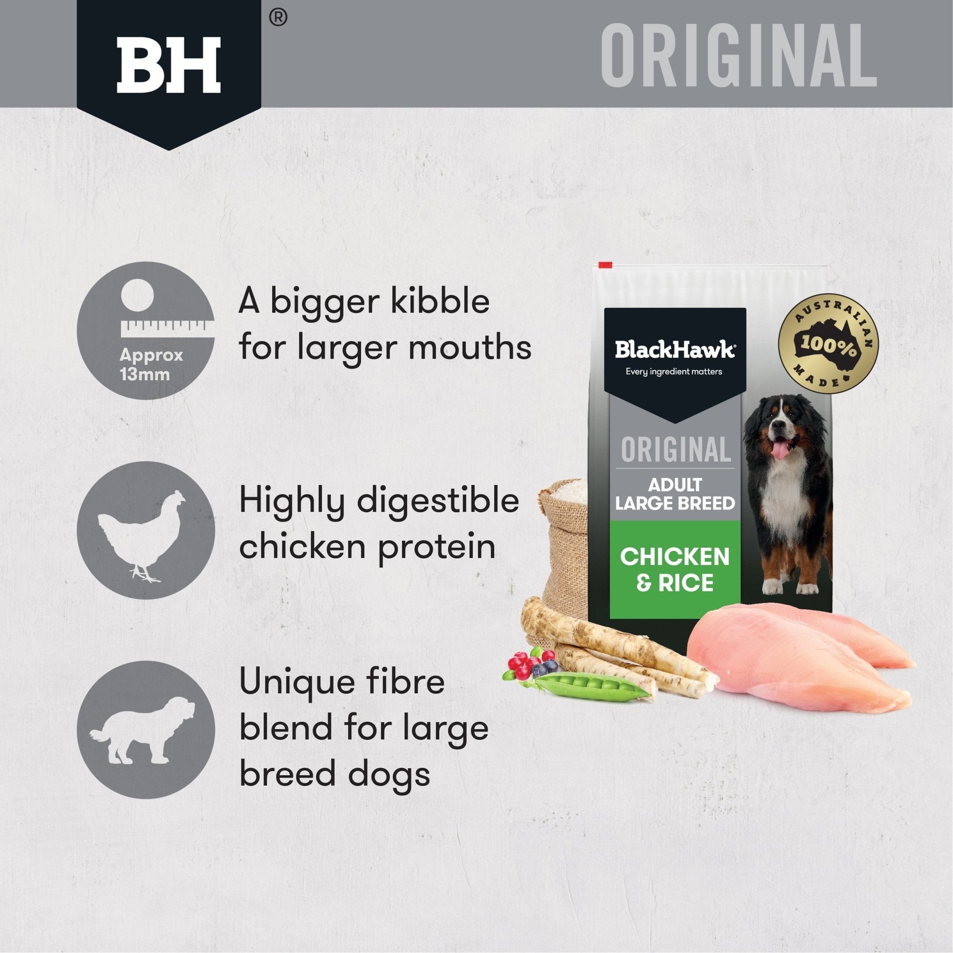 Black Hawk Dry Dog Food Adult Large Breed Chicken & Rice 20kg - Woonona Petfood & Produce