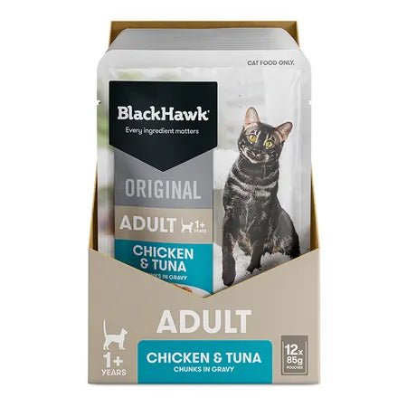 Black Hawk Wet Cat Food Adult Chicken and Tuna with Gravy 12x85g - Woonona Petfood & Produce