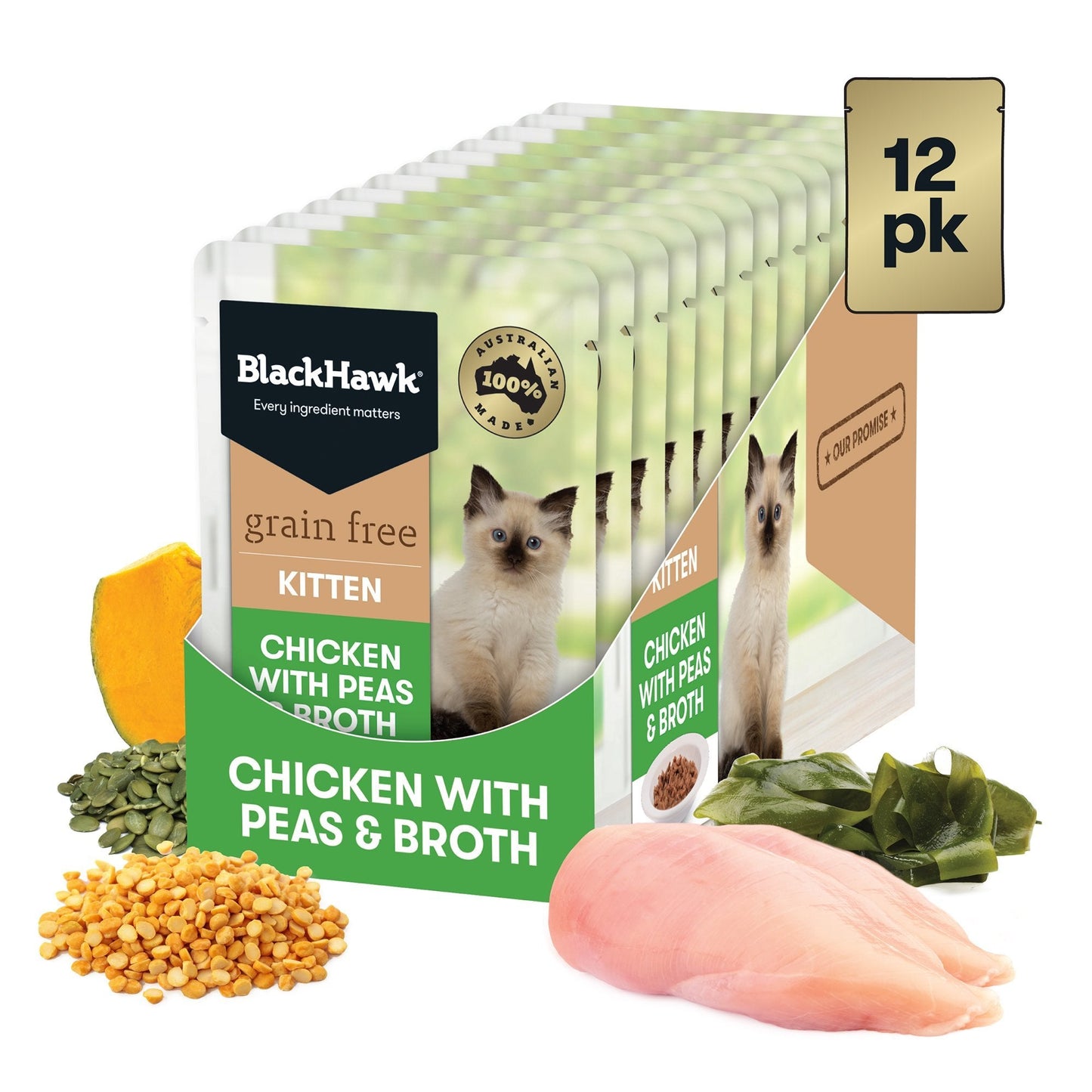 Black Hawk Wet Cat Food Grain Free Kitten Chicken with Peas & Broth 12x85g - Woonona Petfood & Produce