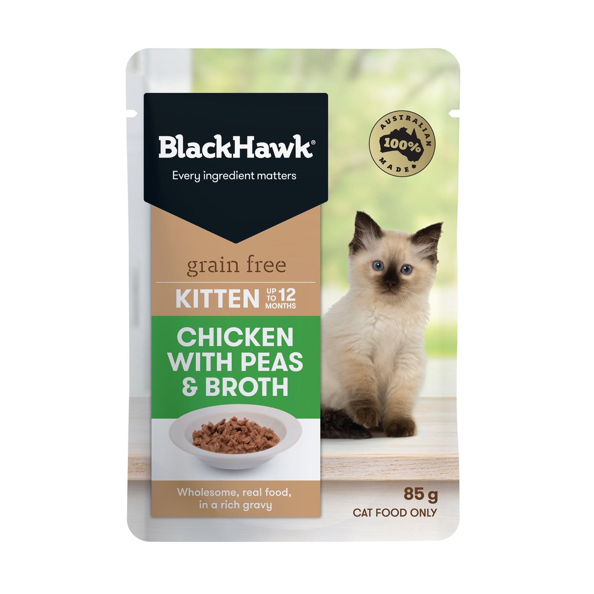 Black Hawk Wet Cat Food Grain Free Kitten Chicken with Peas & Broth 12x85g - Woonona Petfood & Produce