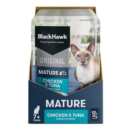 Black Hawk Wet Cat Food Healthy Benefits Mature 7+ Chicken and Tuna 12x85g - Woonona Petfood & Produce