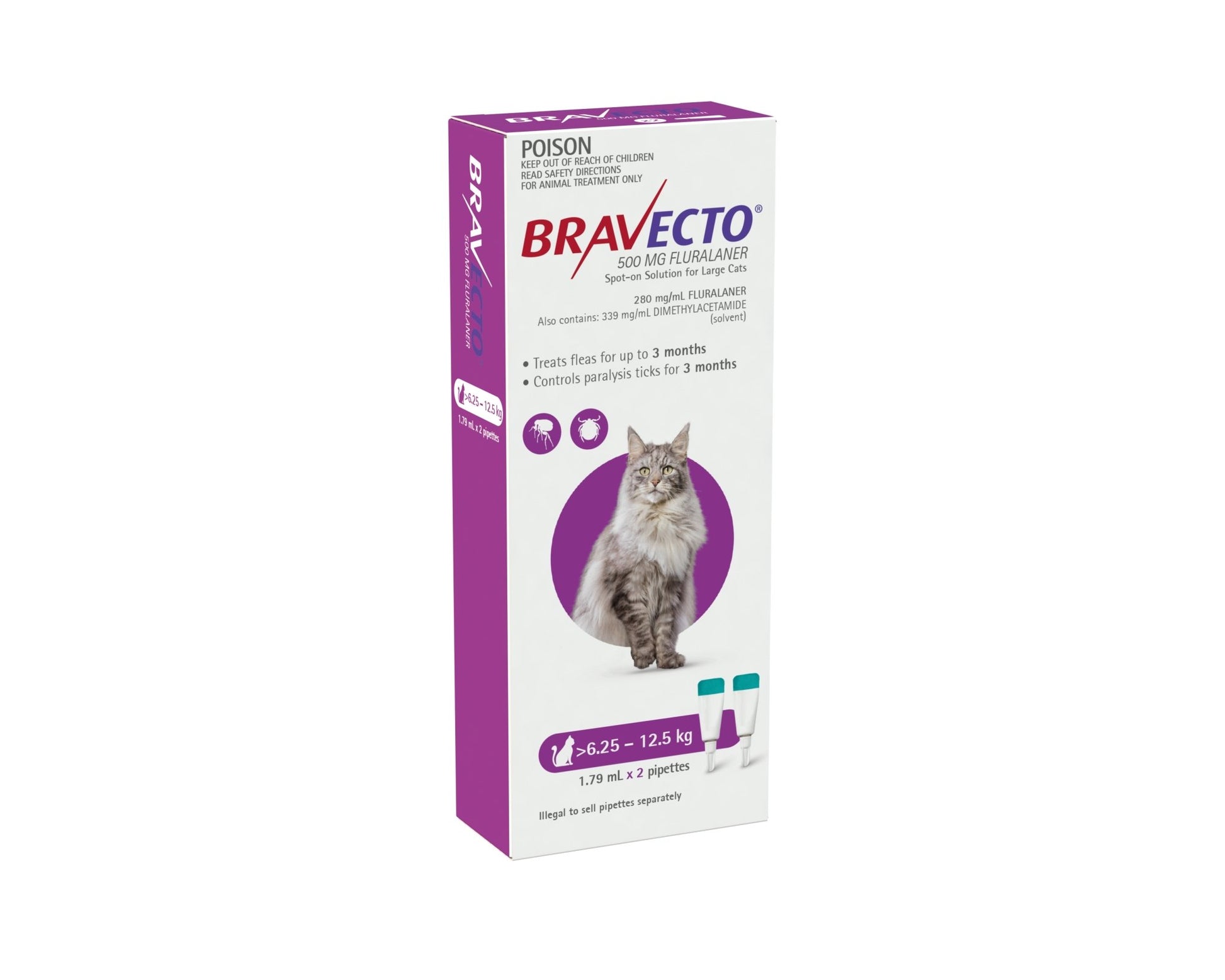 Bravecto Spot On for Cats 6.25 -12.5kg 2 Pack Purple - Woonona Petfood & Produce