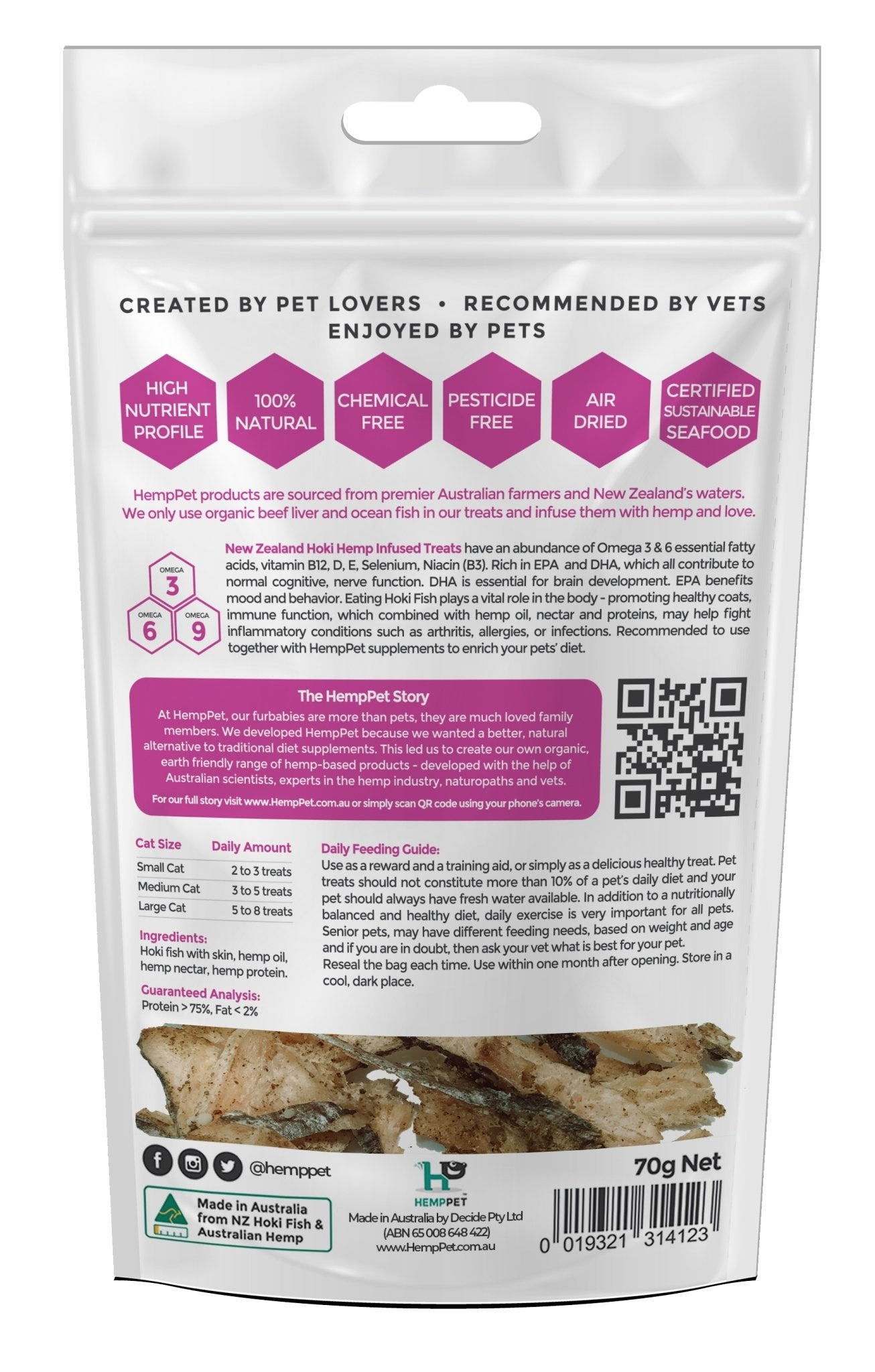 HempPet Hemp Treats - New Zealand Hoki Fish for Cats 70g - Woonona Petfood & Produce