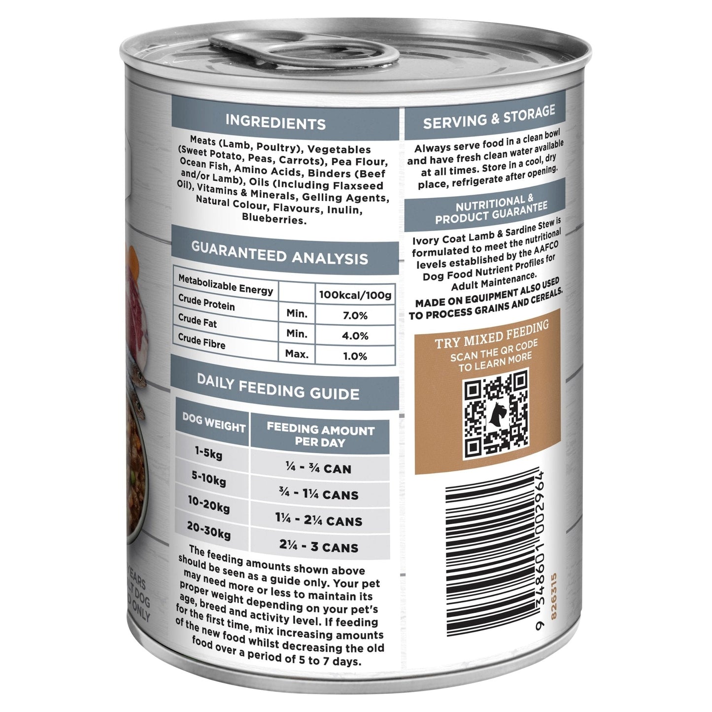Ivory Coat Grain Free Wet Dog Food Lamb & Sardine Stew 12x400g Cans - Woonona Petfood & Produce
