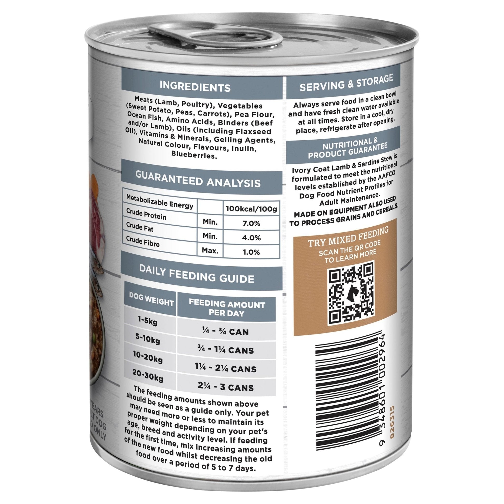 Ivory Coat Grain Free Wet Dog Food Lamb & Sardine Stew 12x400g Cans - Woonona Petfood & Produce
