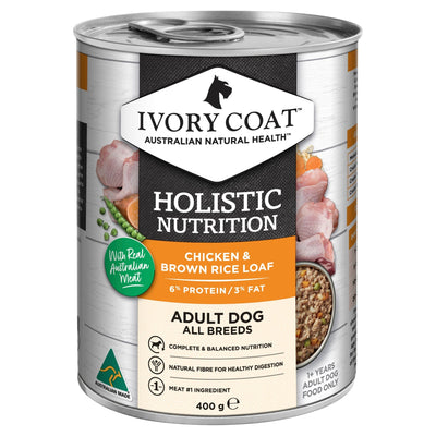 Ivory Coat Holistic Nutrition Wet Dog Food Adult Chicken & Brown Rice Loaf 12x400g - Woonona Petfood & Produce