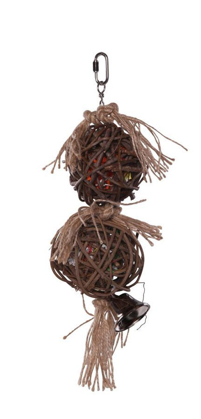 Kazoo Bird Toy Twin Stacked Wicker Ball With Bell Medium
