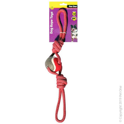 Pet One Dog Toy Rope With 2 Way Tug With Tennis Ball Red/Blue 49cm - Woonona Petfood & Produce