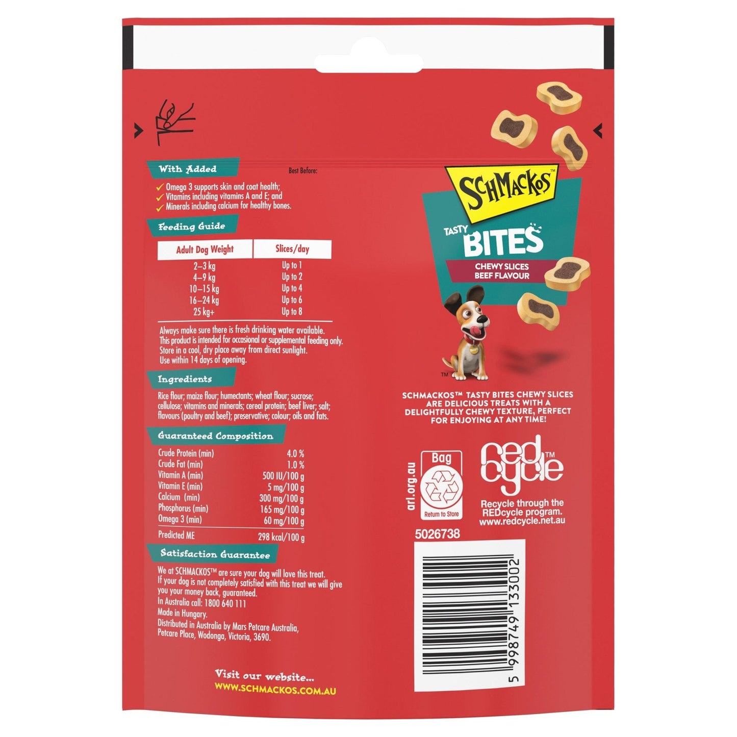 Schmackos Tasty Bites Chewy Slices Beef 155g - Woonona Petfood & Produce