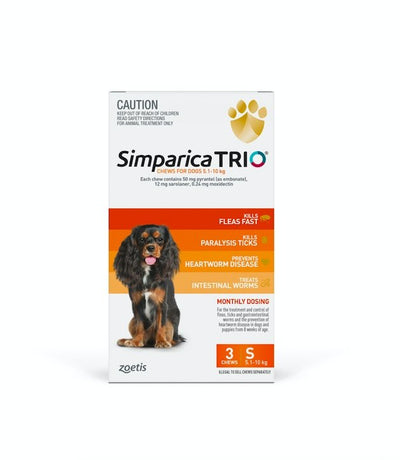 Simparica Trio 5.1kg - 10kg Dog Flea, Tick & Worm Chew 3 Pack - Woonona Petfood & Produce