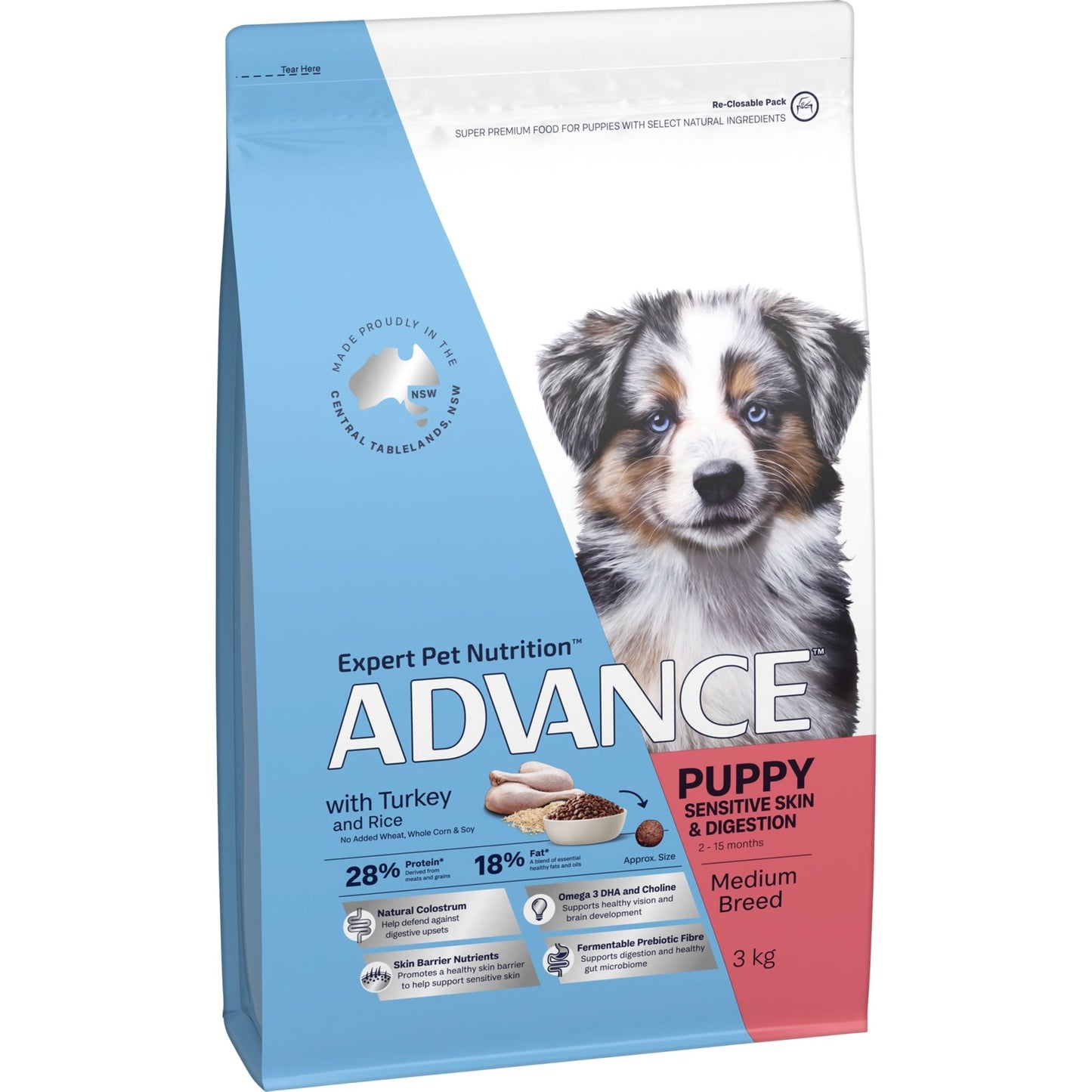 Advance Dry Dog Food Puppy Medium Breed Sensitive Skin and Digestiive with Turkey and Rice 3kg - Woonona Petfood & Produce