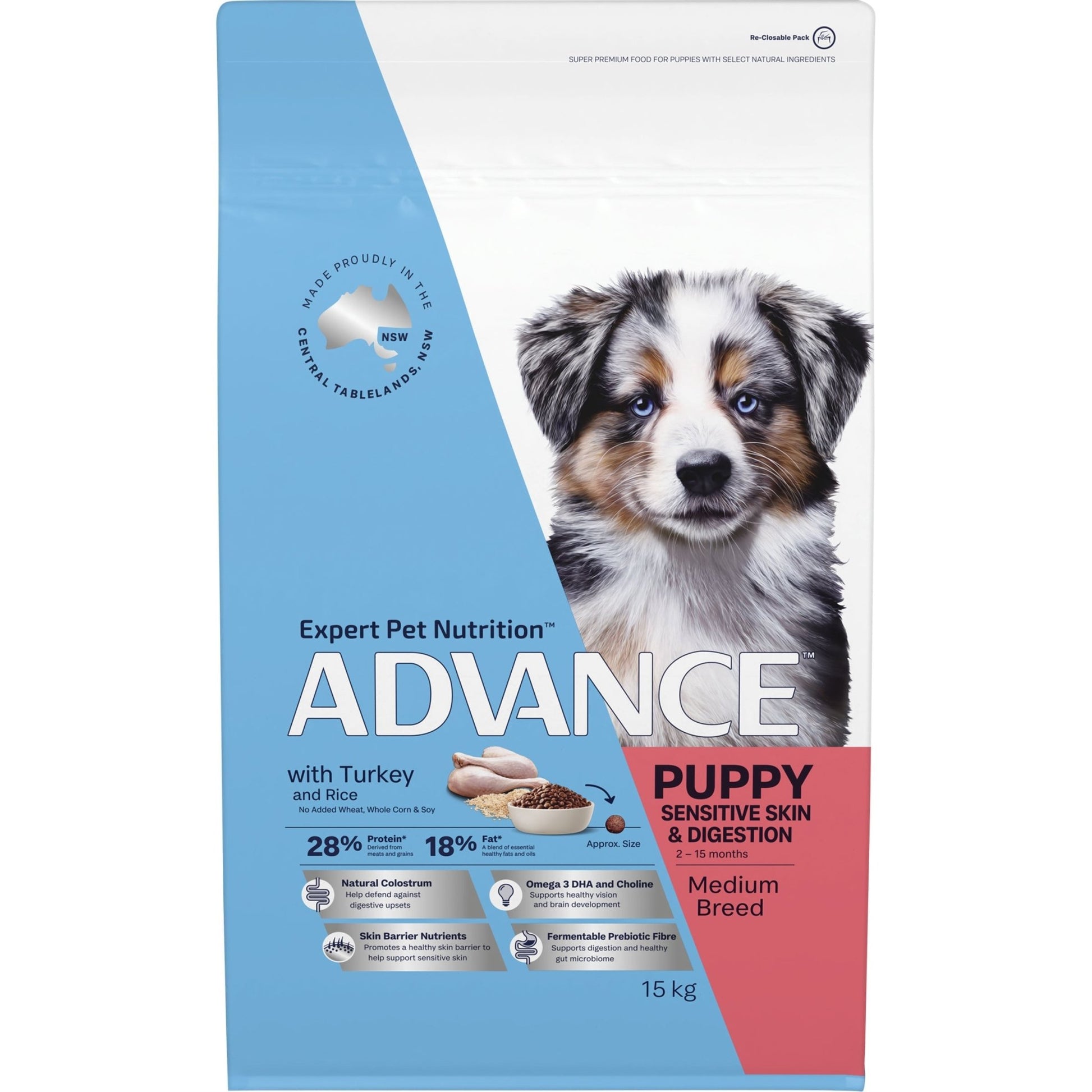 Advance Dry Dog Food Puppy Medium Breed Sensitive Skin and Digestiive with Turkey and Rice 3kg - Woonona Petfood & Produce