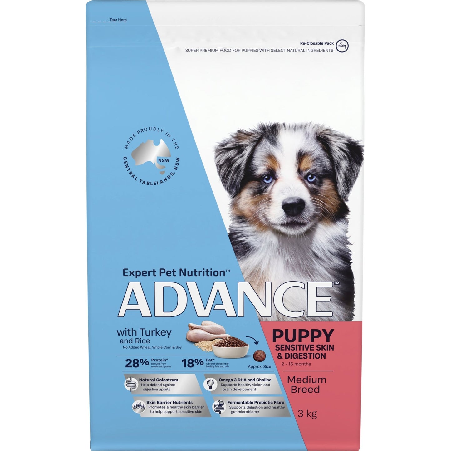 Advance Dry Dog Food Puppy Medium Breed Sensitive Skin and Digestiive with Turkey and Rice 3kg - Woonona Petfood & Produce