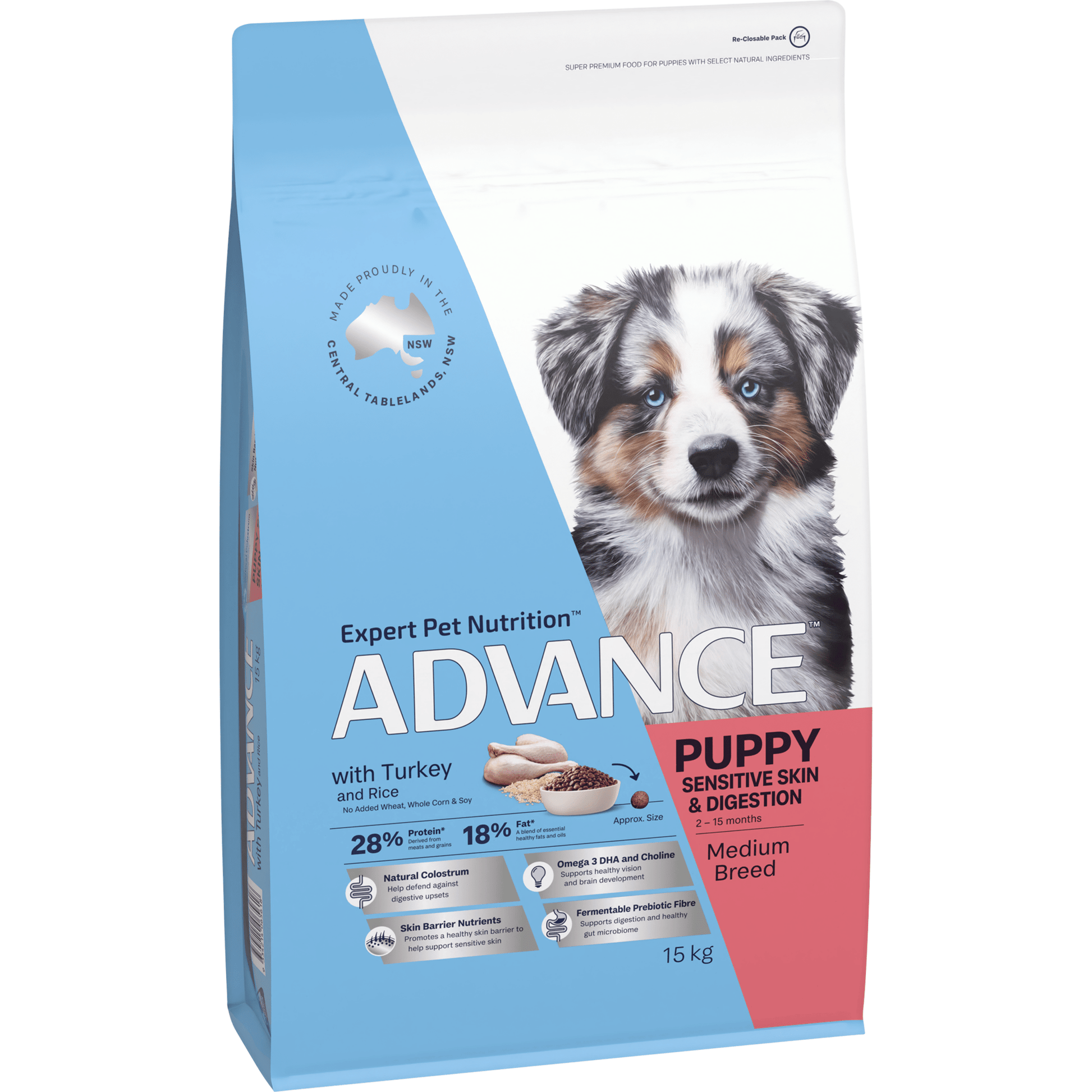 Advance Dry Dog Food Puppy Medium Breed Sensitive Skin and Digestive with Turkey and Rice - Woonona Petfoods