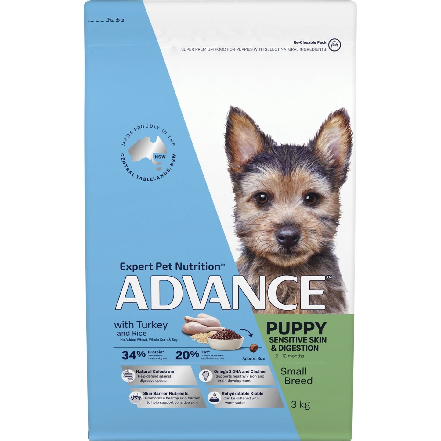 Advance Dry Dog Food Puppy Small Breed Sensitive Skin and Digestiive with Turkey and Rice 3kg - Woonona Petfood & Produce