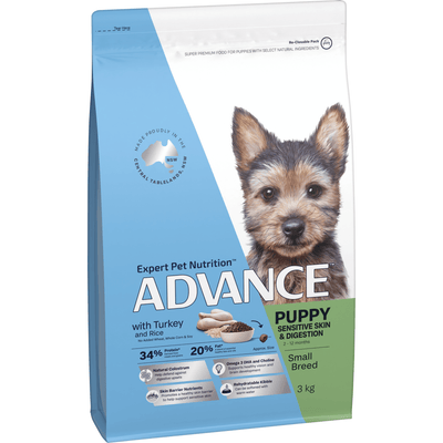 Advance Dry Dog Food Puppy Small Breed Sensitive Skin and Digestiive with Turkey and Rice 3kg - Woonona Petfoods