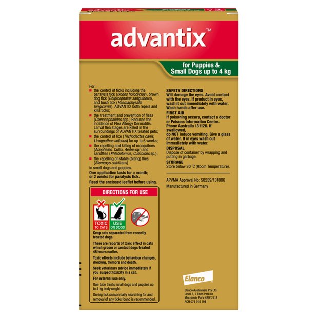 Advantix Dog Small Green up to 4kg - Woonona Petfood & Produce