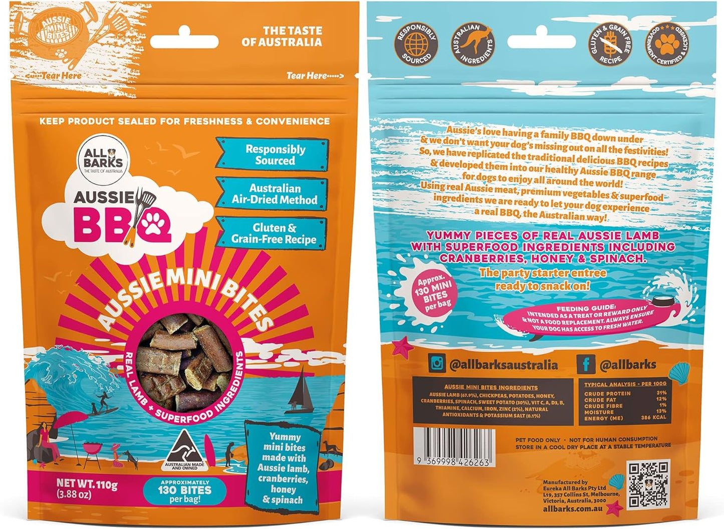 All Barks Aussie Mini Bites Lamb and Superfood Dog Treats 110g - Woonona Petfood & Produce