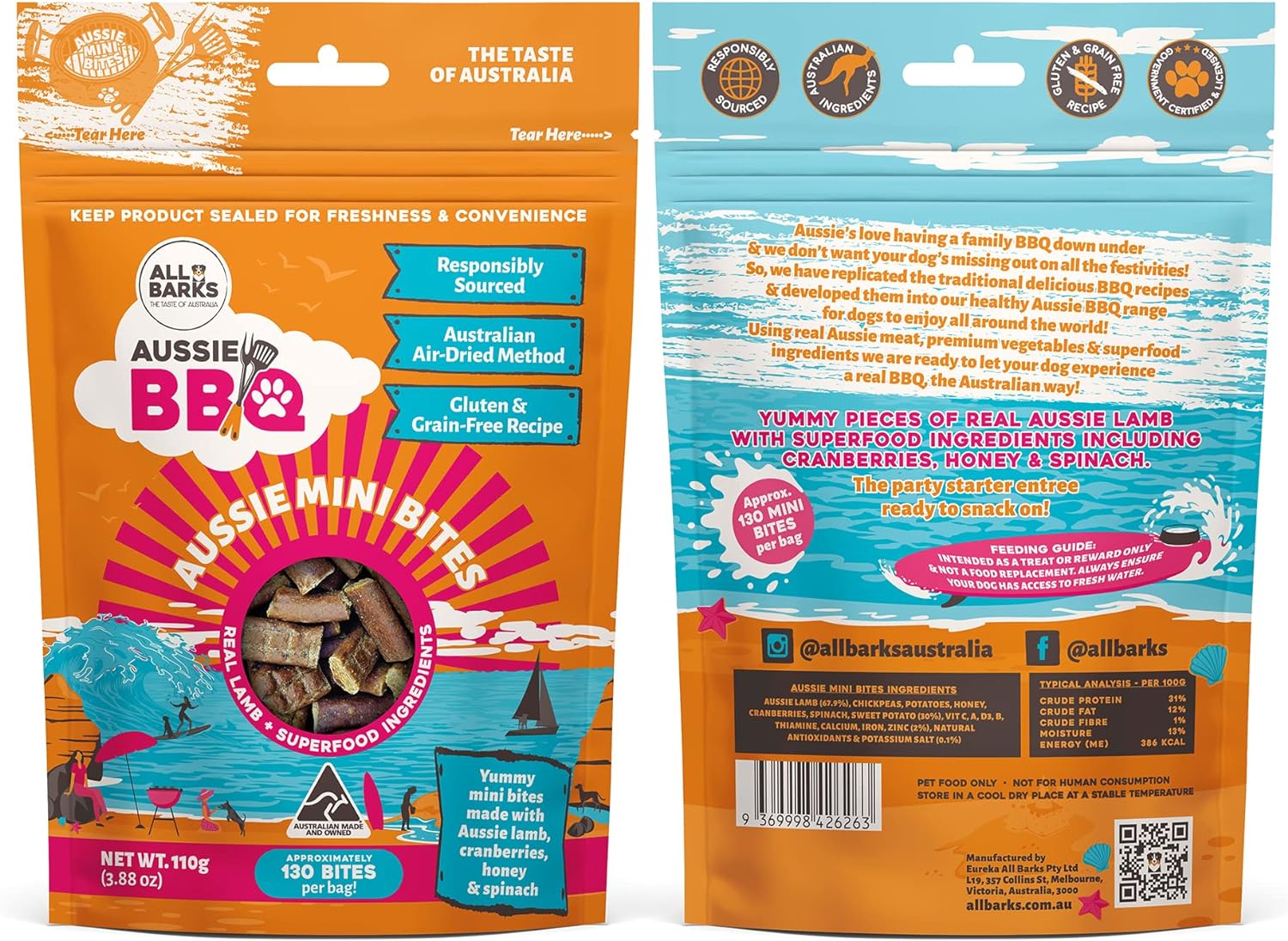 All Barks Aussie Mini Bites Lamb and Superfood Dog Treats 110g - Woonona Petfood & Produce