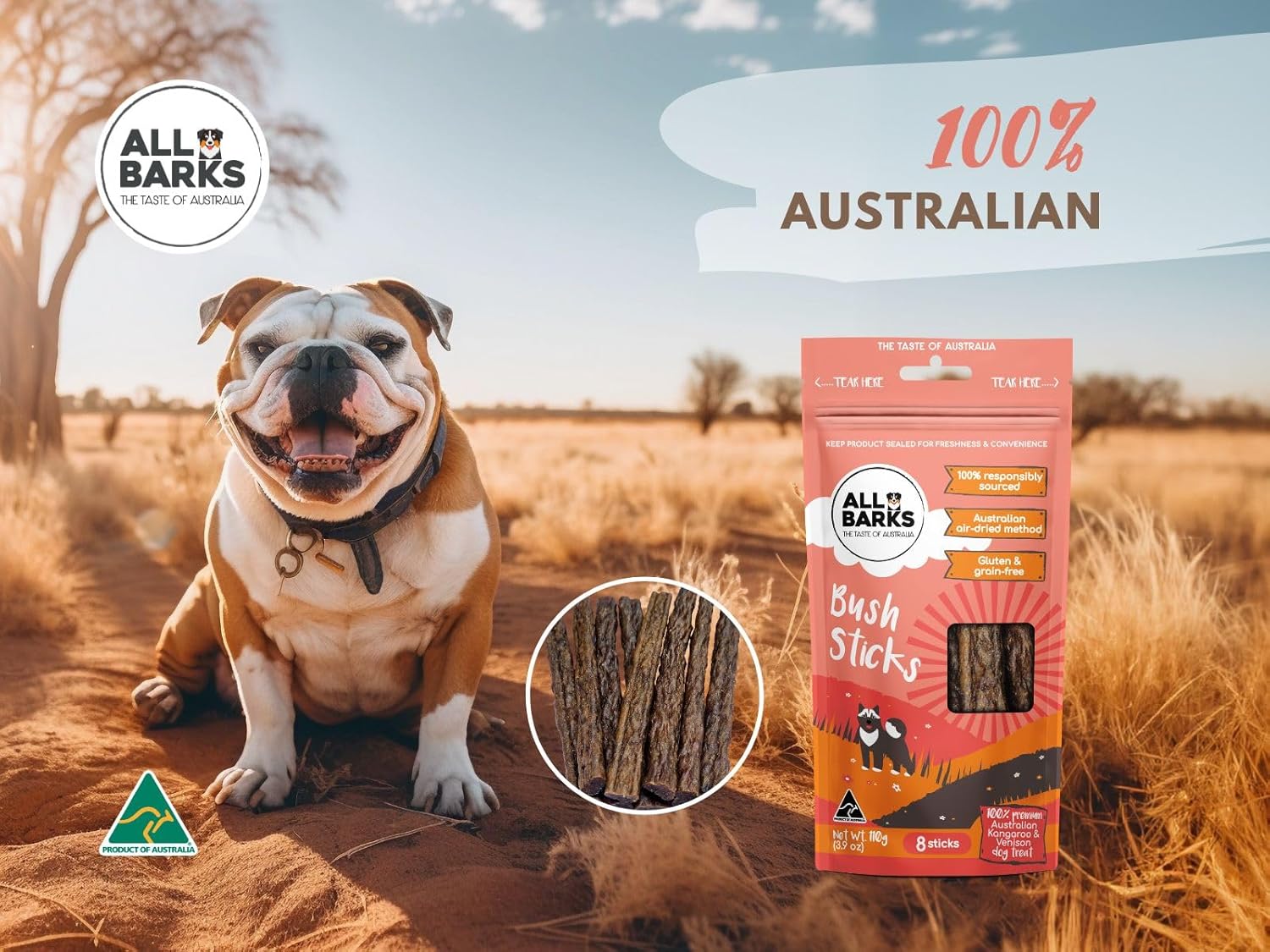 All Barks Bush Sticks Kangaroo and Venison Dog Treats 110g - Woonona Petfood & Produce