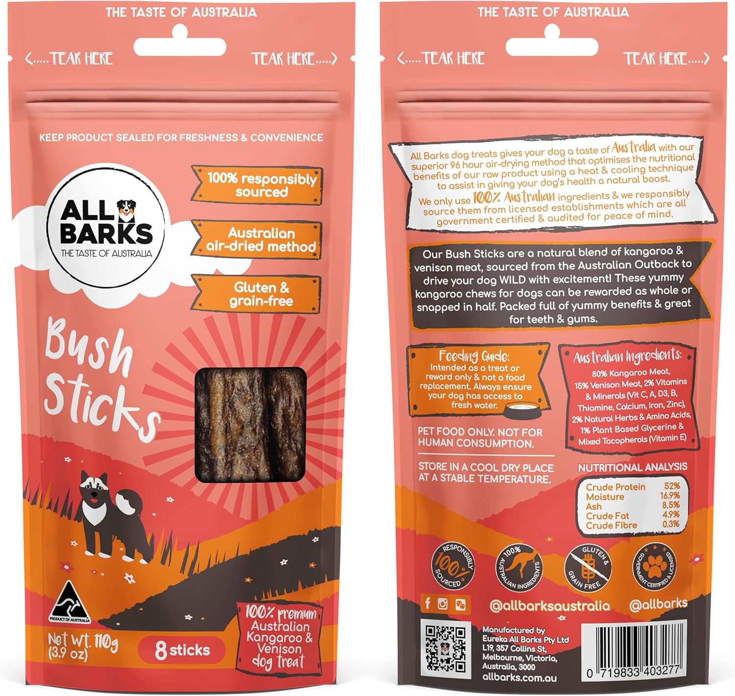 All Barks Bush Sticks Kangaroo and Venison Dog Treats 110g - Woonona Petfood & Produce