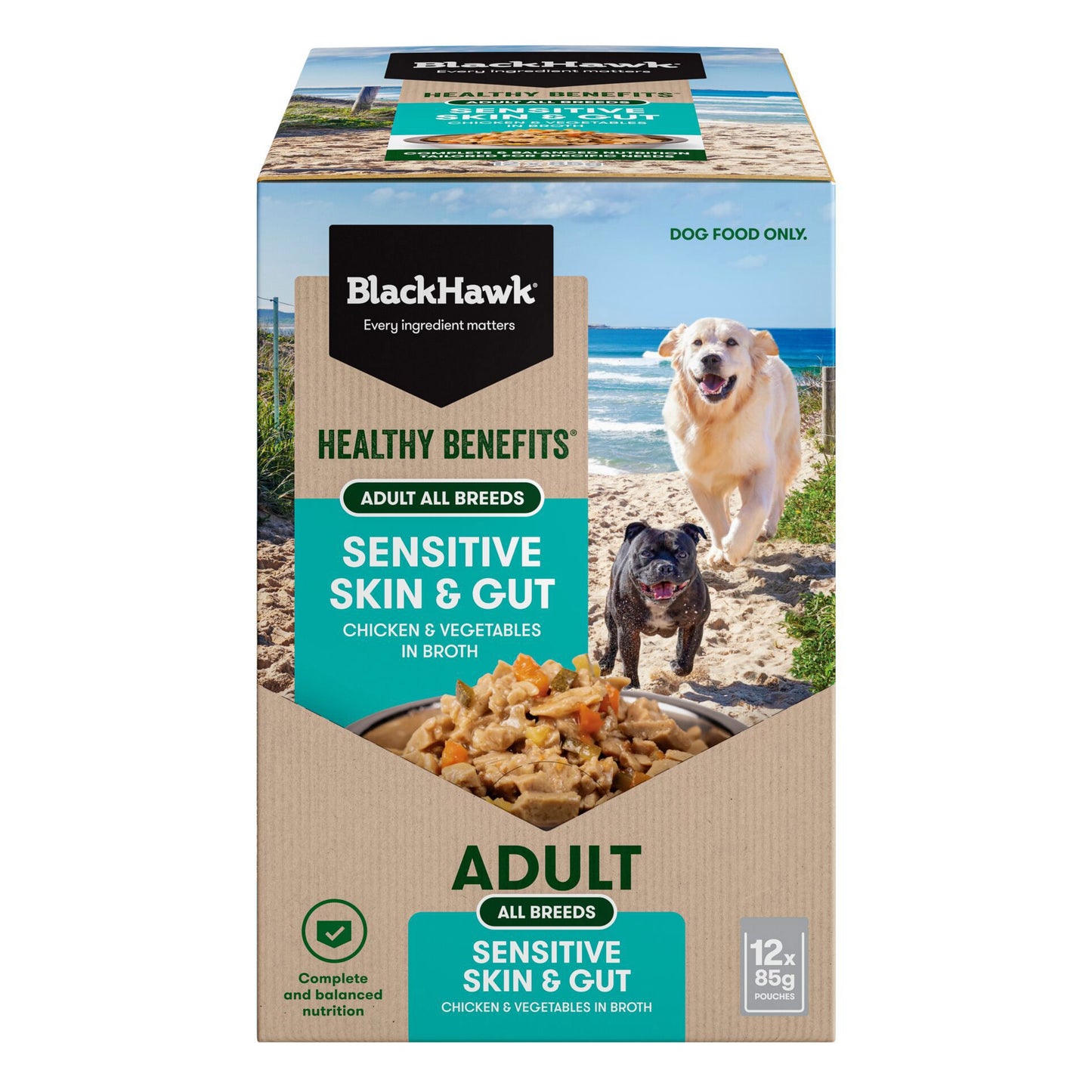 Black Hawk Wet Dog Food Adult Sensitive Skin and Gut Chicken and Vegetables 85g