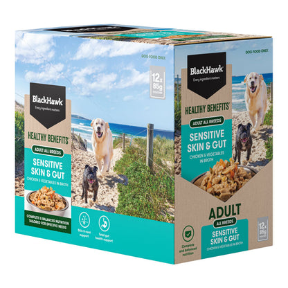 Black Hawk Wet Dog Food Adult Sensitive Skin and Gut Chicken and Vegetables 85g
