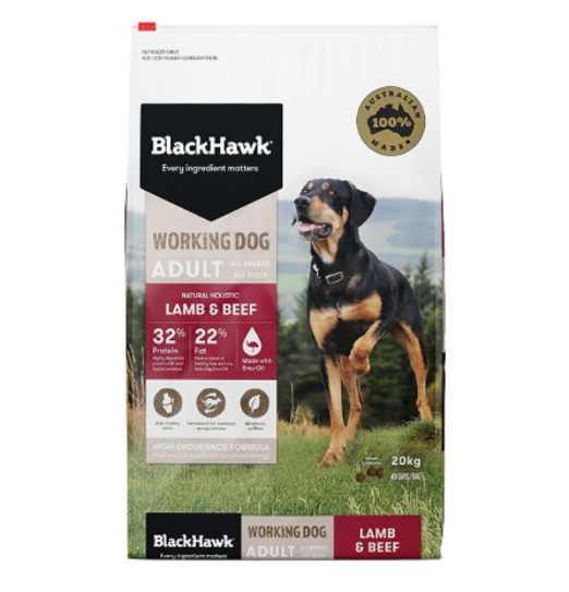 Black Hawk Working Dog Adult Lamb & Beef food packaging on a white background