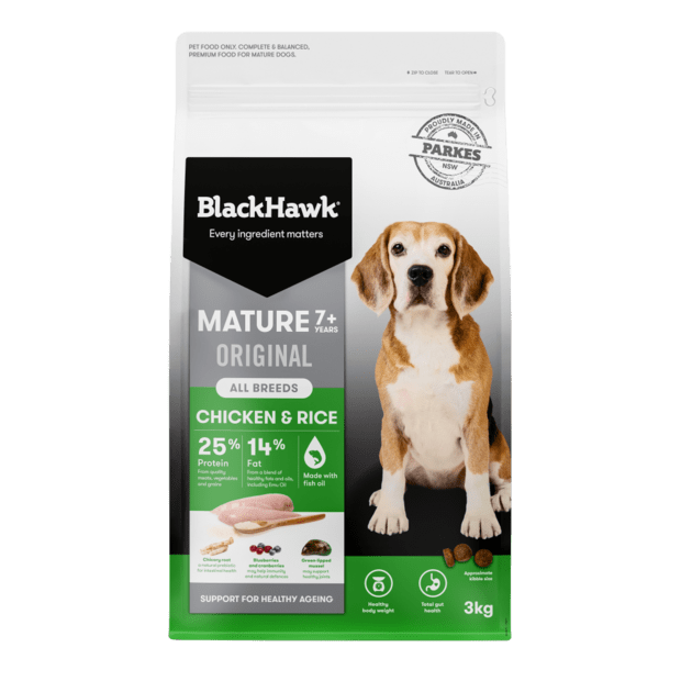 Black Hawk Mature Chicken and Rice Dry Dog Food - Woonona Petfood & Produce