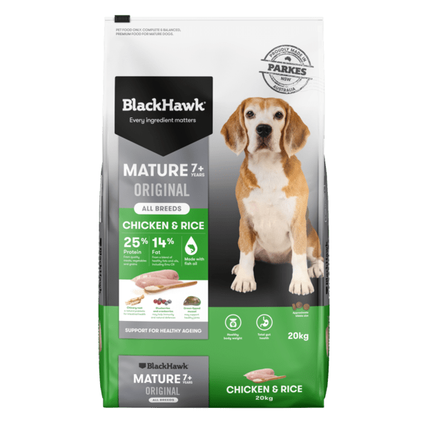 Black Hawk Mature Chicken and Rice Dry Dog Food - Woonona Petfood & Produce