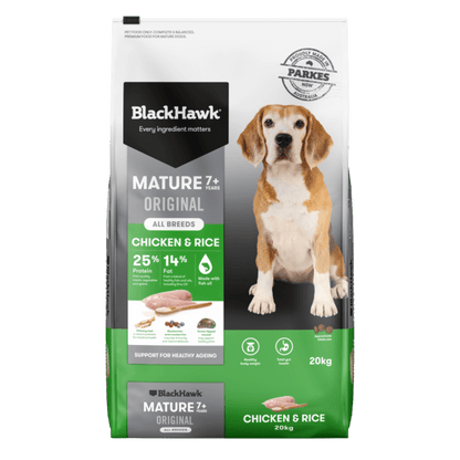 Black Hawk Mature Chicken and Rice Dry Dog Food - Woonona Petfood & Produce