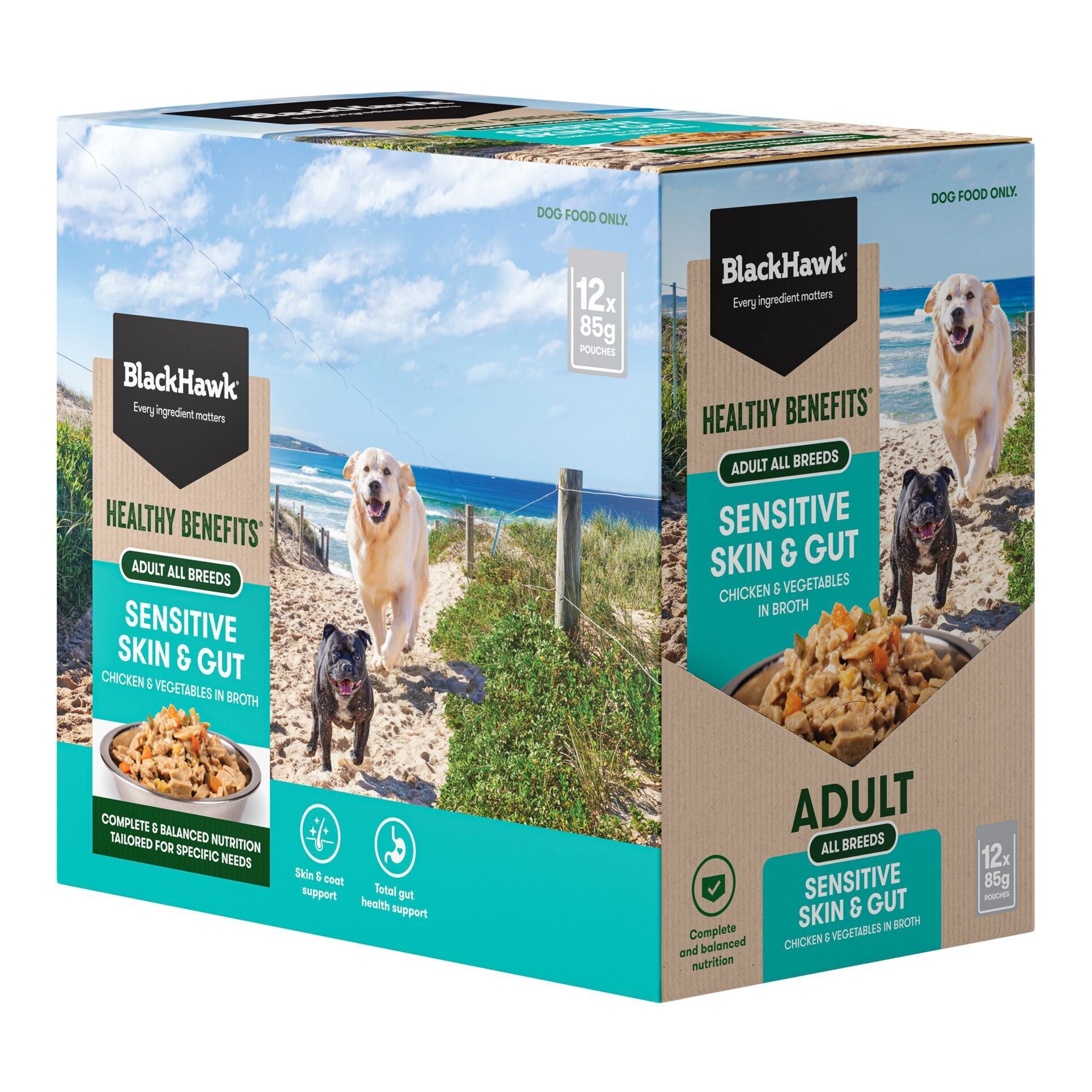Black Hawk Wet Dog Food Adult Sensitive Skin and Gut Chicken and Vegetables 85g - Woonona Petfoods