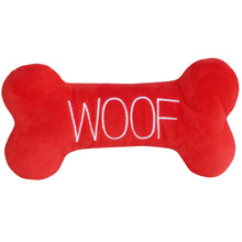 Christmas Plush Bone with Squeak and word "WOOF" - 25x13cm - Red - Woonona Petfoods
