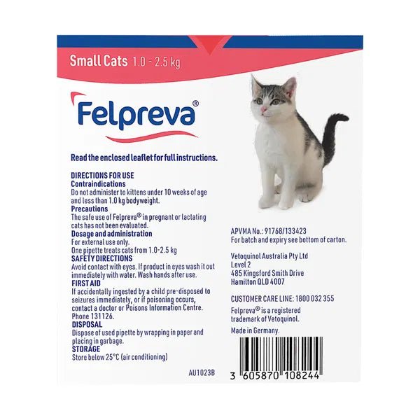 Felpreva Spot on for Small Cats 1kg - 2.5kg 1 Pack - Woonona Petfoods