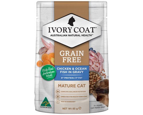 Ivory Coat Cat Wet Food Mature/Lite Chicken & Ocean Fish in Gravy 12x85g - Woonona Petfood & Produce