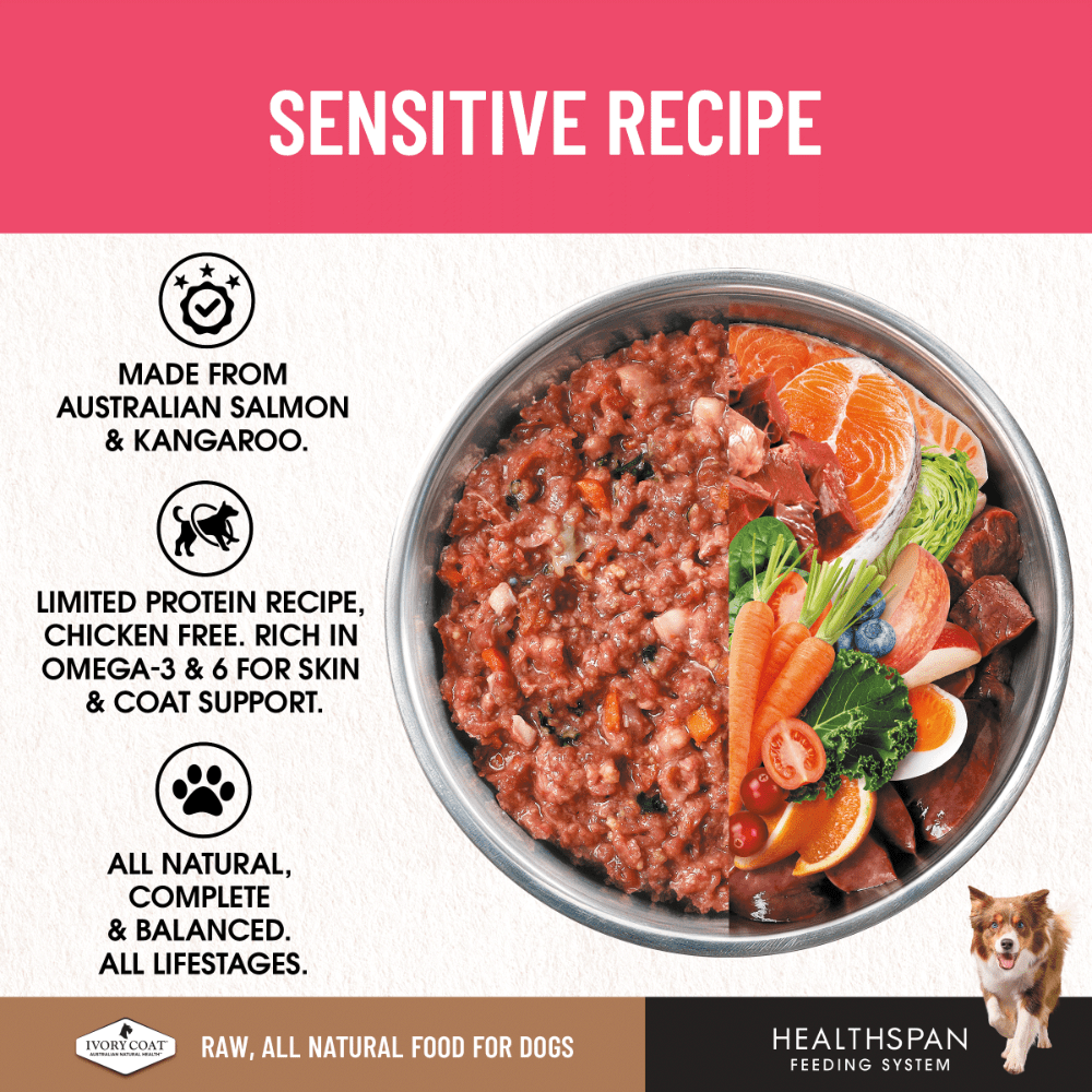 Ivory Coat Grain Free Dog Raw Sensitive Skin 12x227g Frozen Patties - Woonona Petfoods