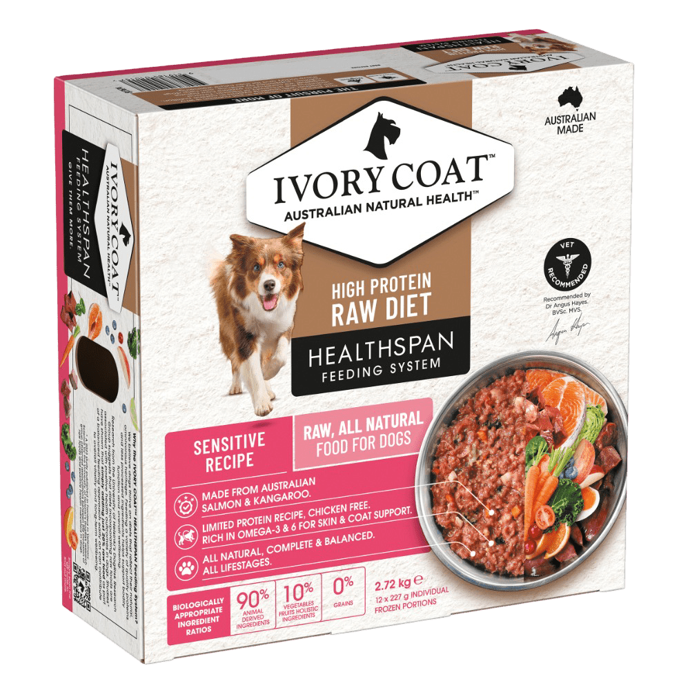 Ivory Coat Grain Free Dog Raw Sensitive Skin 12x227g Frozen Patties - Woonona Petfoods